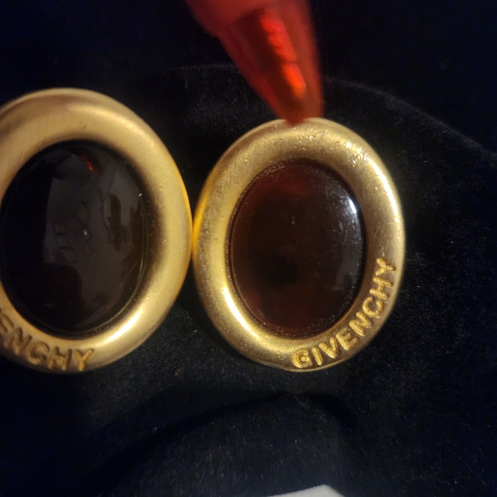 Givenchy Vintage Gold Tone Oval Amber Resin Cabochon Clip On Earrings Logo 4G - Picture 3 of 15